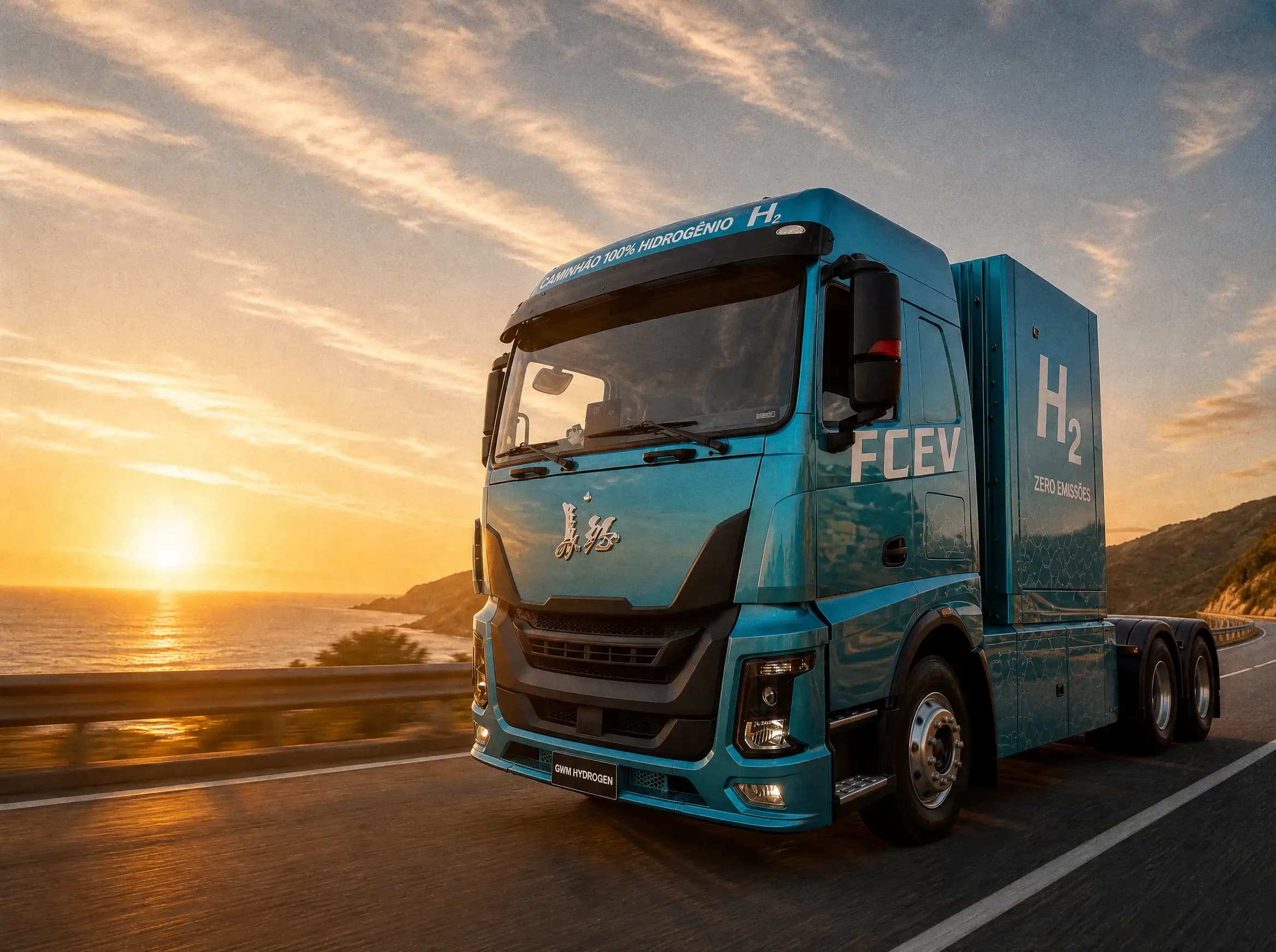 Caminhão FCEV da GWM Hydrogen em estrada litorânea ao pôr do sol, com as inscrições "Caminhão 100% Hidrogênio", "FCEV" e "H2 Zero Emissões" na cabine e na carenagem